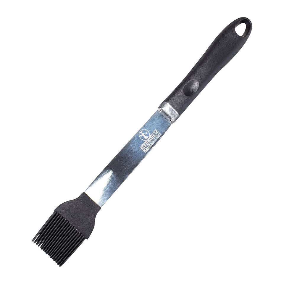 Grillpinsel mit schwarzem Silikonkopf, Edelstahlschaft und Kunststoffgriff mit Öse, 39 cm