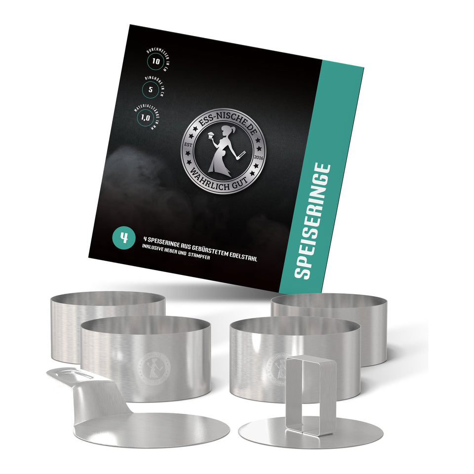 Speiseringe-Set mit 4 Ringen Ø 10 cm, Stampfer, Heber und Faltschachtel