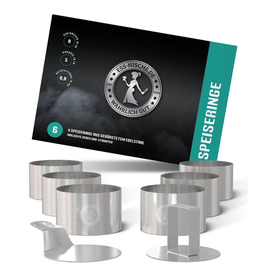 Speiseringe-Set mit 6 Ringen Ø 8 cm, Stampfer, Heber und Faltschachtel