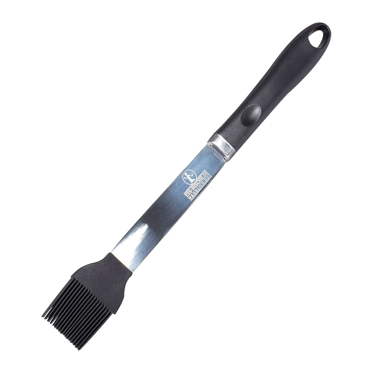 Grillpinsel mit schwarzem Silikonkopf, Edelstahlschaft und Kunststoffgriff mit Öse, 39 cm
