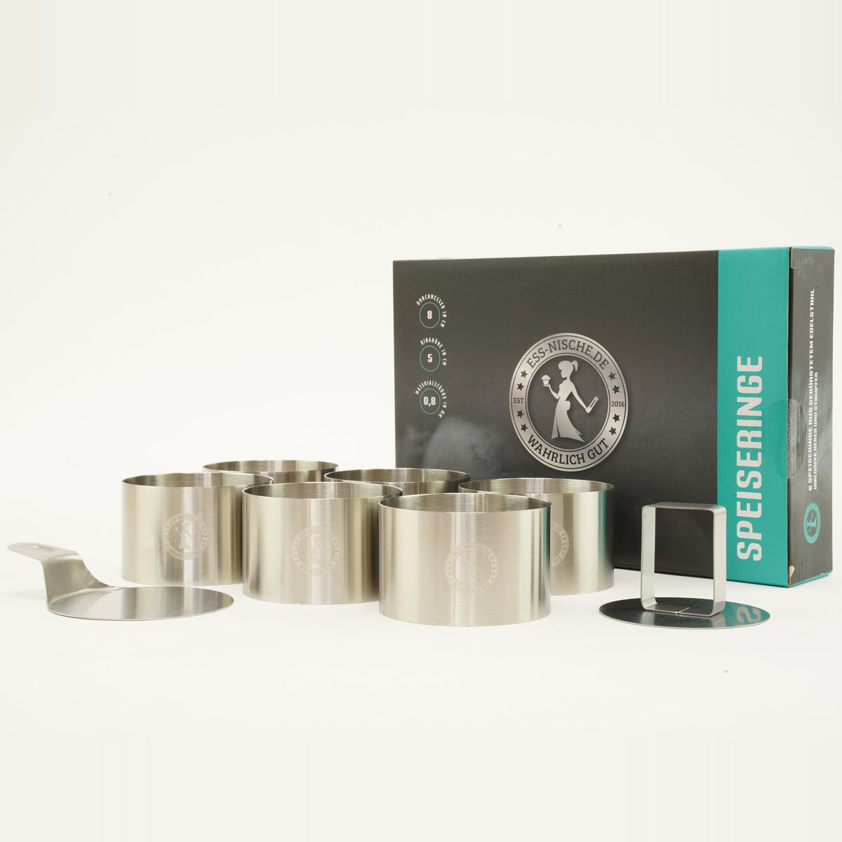Sechs Speiseringe Ø 8 cm mit Stampfer, Heber und Faltschachtel, echte Ware