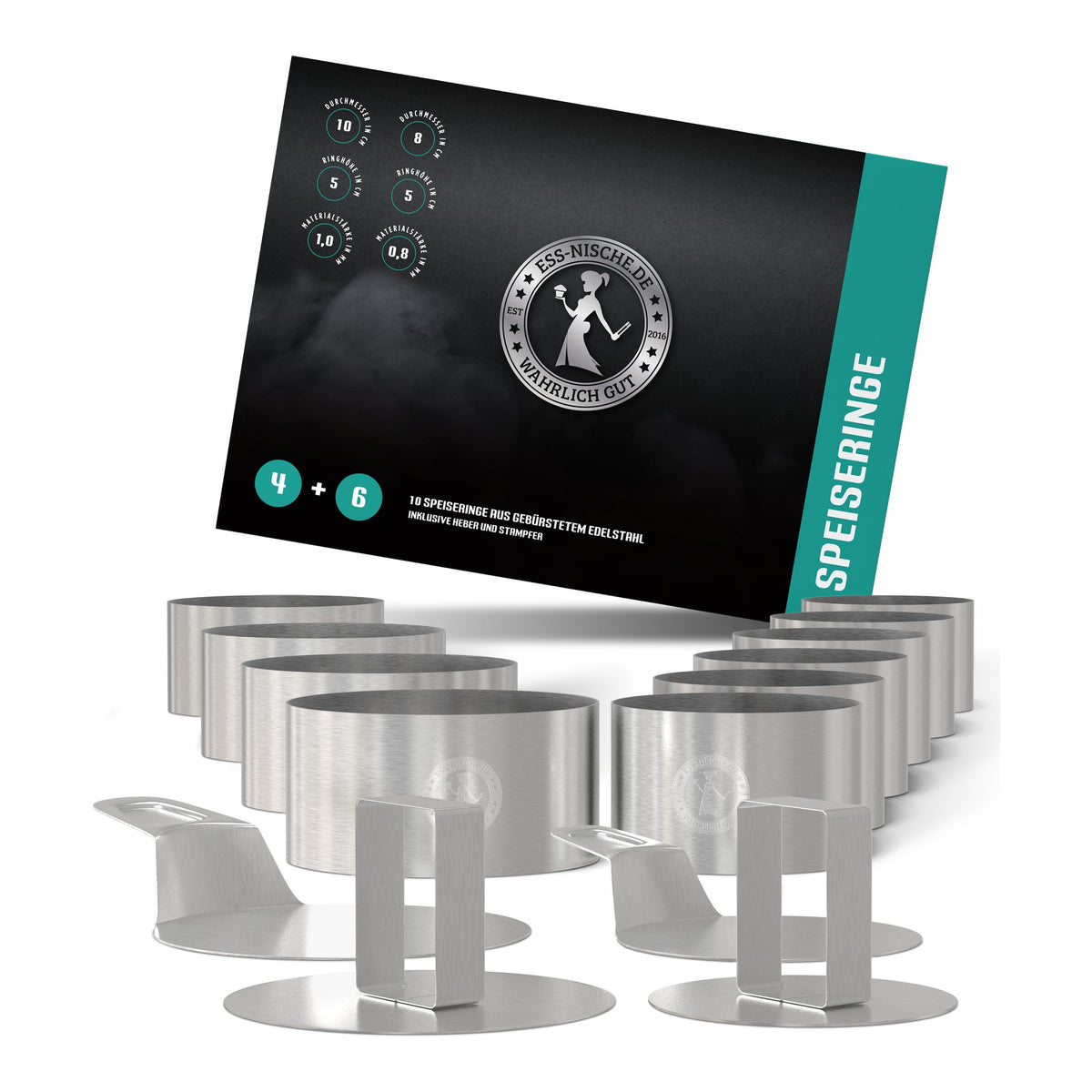Kombi-Set mit 4 Speiseringen Ø 10 cm und 6 Speiseringen Ø 8 cm, je zwei Stampfer und Heber